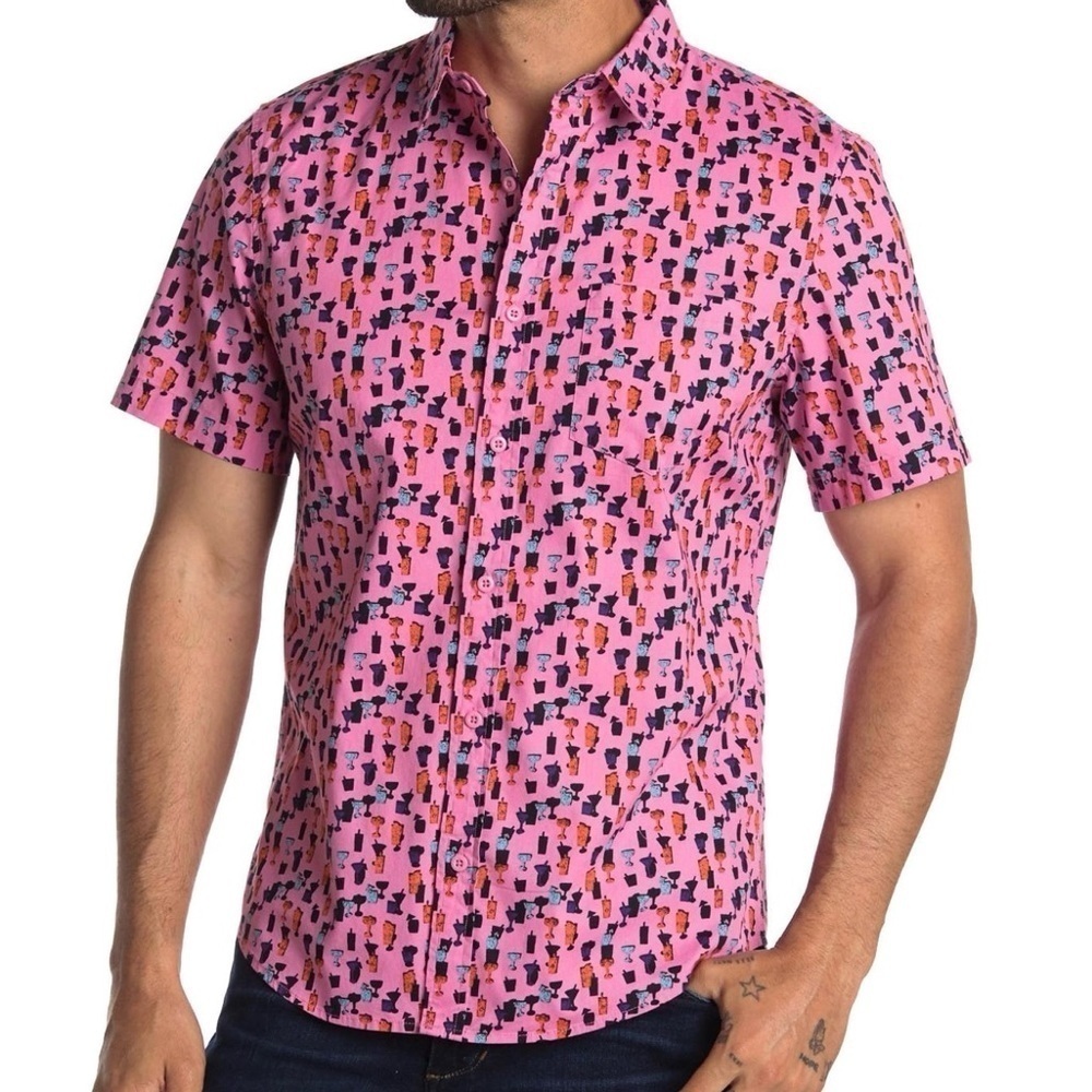 PUBLICOPINION - Medium (PINK BLUE MARTINI) print Shortsleeved Button Up